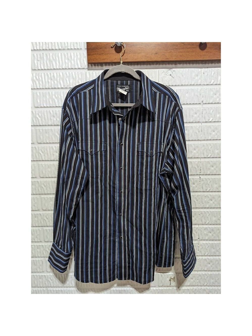 Wrangler Men's Blue Authentic Western Stripes Pearl Snap Button Up Shirt Sz XXL